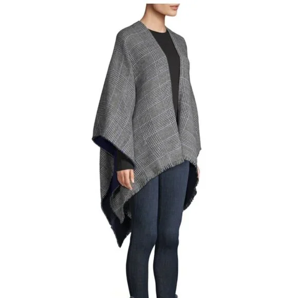 NWT Calvin Klein Houndstooth Plaid Black White Shawl Cape Poncho Ruana One Size - Picture 2 of 6